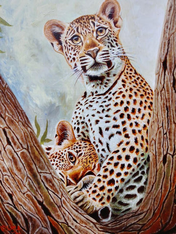 Leopards in the African tree. oil canvas painting. African art. Hand painting