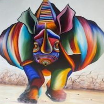 psychedelic Rhino. oil canvas painting. Tanzania oil painting. African art - Manneybreeze African art 