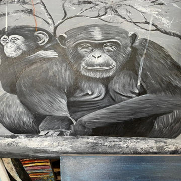 Apes in the Jungle camp. oil canvas painting. Tanzania oil painting. African art - Manneybreeze African art 