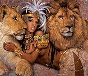 African woman. lioness in painting. canvas oil painting. painting.
